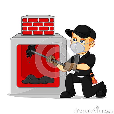 Chimney Sweeper cleaning fireplace Cartoon Illustration