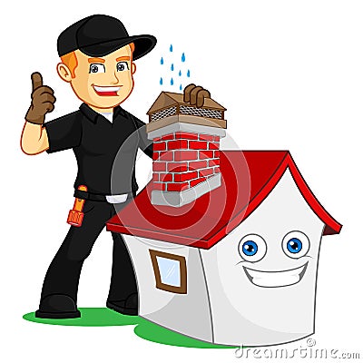 Chimney Sweeper give chimney cap Cartoon Illustration