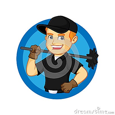 Chimney Sweeper hold broom inside circle Cartoon Illustration