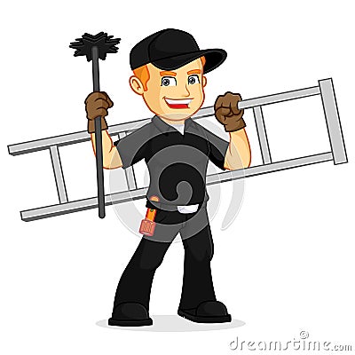 Chimney Sweeper hold ladder and broom Cartoon Illustration