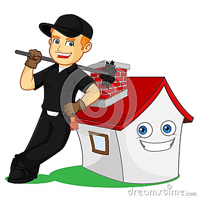 Chimney Sweeper leaning on a house Cartoon Illustration