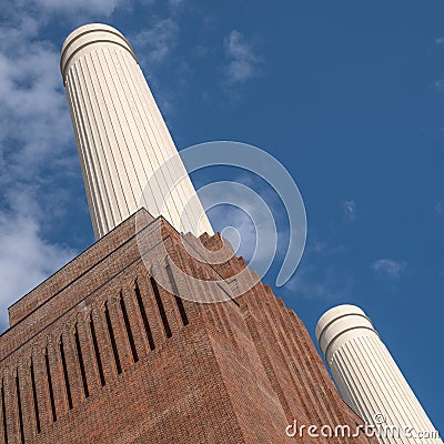 Chimneys at Battersea Power Station, renovated interwar building, now a mixed use retail and residential scheme. Stock Photo