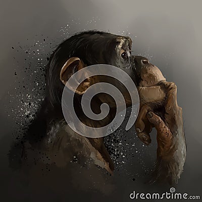 Chimpanzee, head, dark background and splashes. Cartoon Illustration