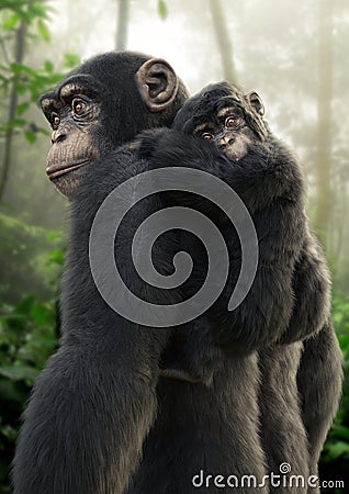 Chimpanzee mother carrying her young baby on her back with a forest background. Stock Photo