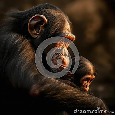 Chimpanzee mother with her little baby. Generative AI Stock Photo