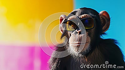 Chimpanzee sunglasses and scarf in studio with a colorful and bright background. AI Generative Stock Photo