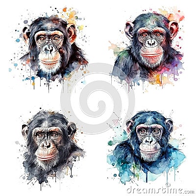 Chimpanzee watercolor illustration set Cartoon Illustration