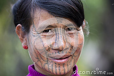 Chin tribe tattooed woman (Muun) Editorial Stock Photo
