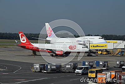 China Airlines Boeing 747-400 and Niki Airbus a320 at gate at Vienna Airport Editorial Stock Photo