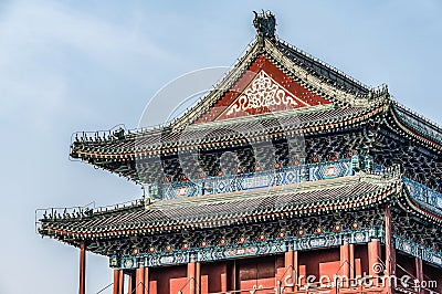 China, Beijing, Forbidden City Different design elements of the colorful buildings rooftops closeup details Stock Photo