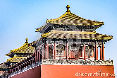 China, Beijing, Forbidden City Different design elements of the colorful buildings rooftops closeup details Stock Photo