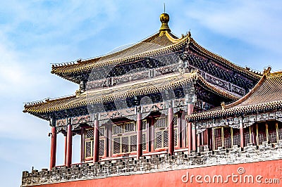 China, Beijing, Forbidden City Different design elements of the colorful buildings rooftops closeup details Stock Photo