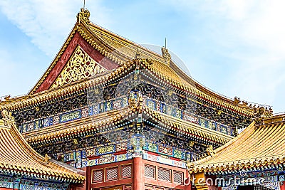China, Beijing, Forbidden City Different design elements of the colorful buildings rooftops closeup details Stock Photo