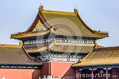 China, Beijing, Forbidden City Different design elements of the colorful buildings rooftops closeup details Stock Photo