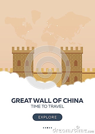 China. Beijing. Great wall of China. Time to travel. Travel poster. Vector flat illustration. Cartoon Illustration