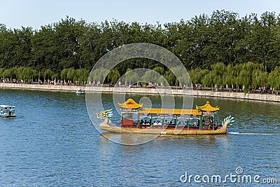 China, Beijing. Summer Palace. Kunming Lake, dragon boat Editorial Stock Photo