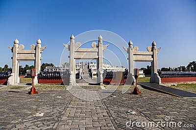 China, Beijing. Temple of Heaven (Tiantan), Erecting Clouds Gates (Yunmenyuli) and Circular Mound Altar Platform Editorial Stock Photo