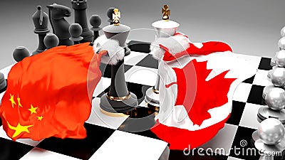 China Canada crisis, clash, conflict and debate between those two countries that aims at a trade deal or dominance symbolized by a Cartoon Illustration