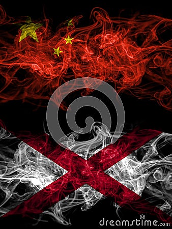 China, Chinese vs Alabama, Alabamian smoky mystic flags placed side by side. Thick colored silky abstract smoke flags Stock Photo