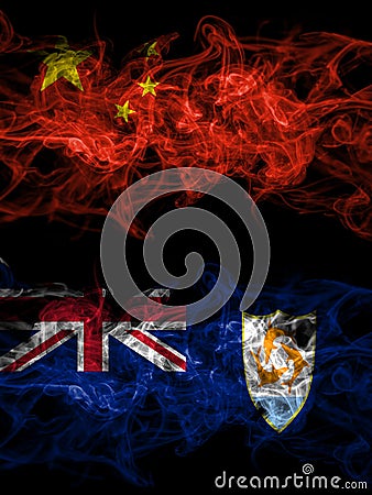 China, Chinese vs British, Britain, Anguilla smoky mystic flags placed side by side. Thick colored silky abstract smoke flags Stock Photo