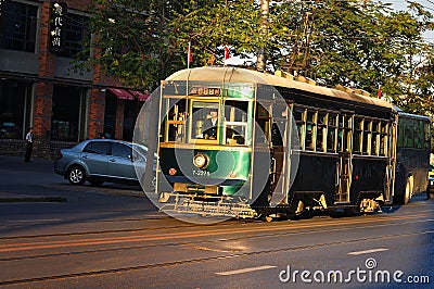 China Dalian City business street ,Tramcar Editorial Stock Photo