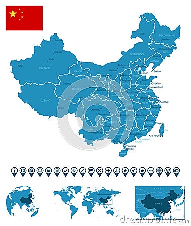 China - detailed blue country map with cities, regions, location on world map and globe. Infographic icons Cartoon Illustration