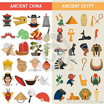 China and Egypt great civilizations color flat icons set Stock Photo