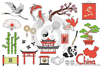 China elements mega set in graphic flat design. Bundle elements of crane, koi fish, sakura, dragon, fans, carp, yin yang, bonsai Vector Illustration