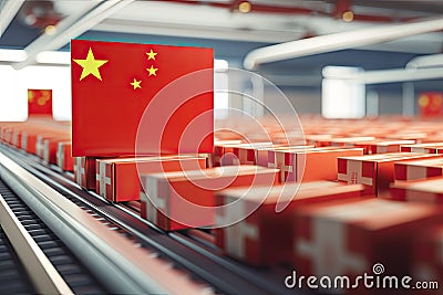 China flag on a factory conveyor belt. 3D Rendering, Cardboard boxes with red color Chinese flag on the roller conveyor, AI Stock Photo