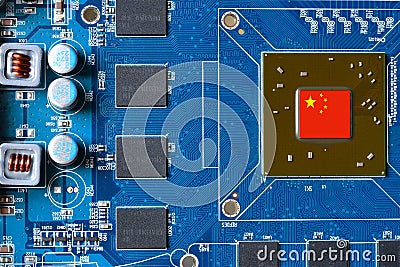 China flag on a processor, central processing unit CPU or GPU microchip on a motherboard or graphic card. Concept for the battle Stock Photo