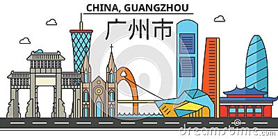 China, Guangzhou. City skyline architecture . Editable Vector Illustration