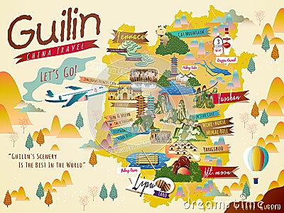 China Guilin travel map Vector Illustration