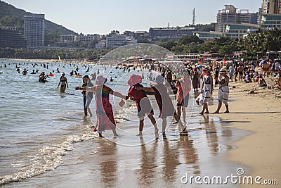 China, Hainan Island, Dadonghai Bay - December 1, 2018: Portrait of happy and cheerful group of Chinese young women, editorial Editorial Stock Photo