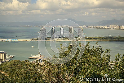 Pheonix Island Sanya, illuminated buildings.Orange Bronze, Unique modern Editorial Stock Photo