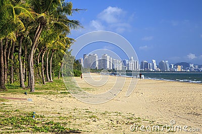 Panorama of Sanya City Bay Pheonix Island Sanya illuminated buildings. Editorial Stock Photo