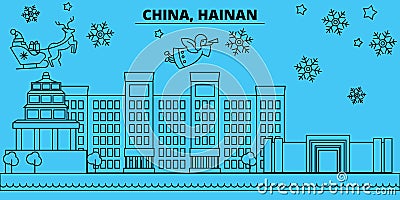 China, Hainan winter holidays skyline. Merry Christmas, Happy New Year decorated banner with Santa Claus.Flat, outline Vector Illustration