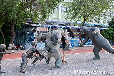 monument with bears on the embankment of Heihe city in summer Editorial Stock Photo