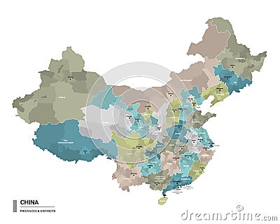 China higt detailed map with subdivisions. Administrative map of China with districts and cities name, colored by states and Vector Illustration