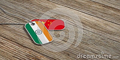 China and India military relations, Identification tags on wooden background. 3d illustration Cartoon Illustration