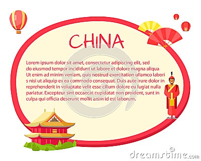 China Information in Round Tag with Signs on White Vector Illustration