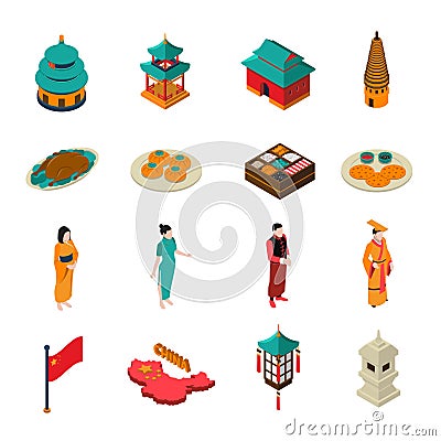 China Isometric Touristic Set Vector Illustration