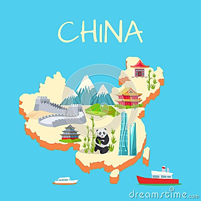 China with its Traditional Elements Signs on Blue Vector Illustration