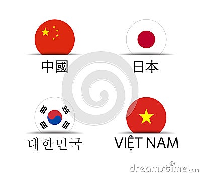 China, Japan, South Korea and Vietnam. Set of four Chinese, Japanese, Korean and Vietnamese stickers Vector Illustration
