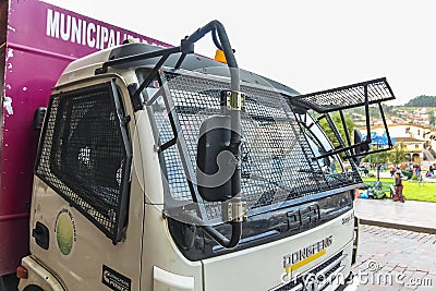China made Dongfeng truck with windscreen and side window stone guard along Plaza de Armas in Cusco, Peru Editorial Stock Photo