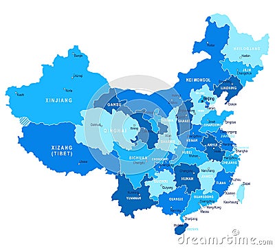 China map. Cities, regions. Vector Cartoon Illustration