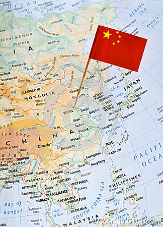 Flag of China on map Stock Photo