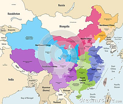 Vector map of China provinces colored by regions with neighbouring countries and territories Vector Illustration