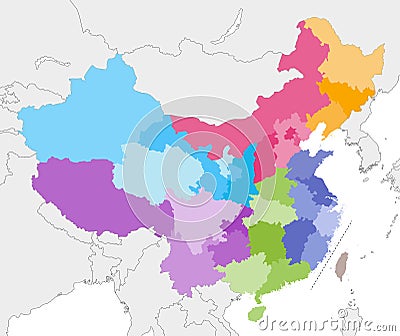 Vector map of China provinces colored by regions with neighbouring countries and territories Vector Illustration