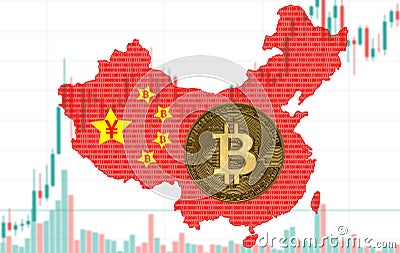 China map silhouette made of binary code with a golden bitcoin coin, against the background of the digital exchange rate of China Stock Photo