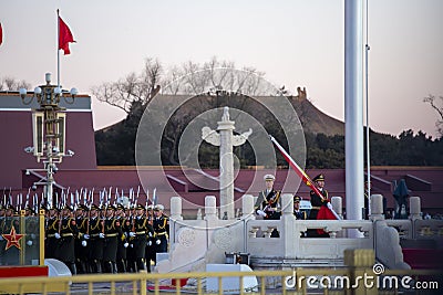 China national flag honor guards coming out for hoisting flg Editorial Stock Photo